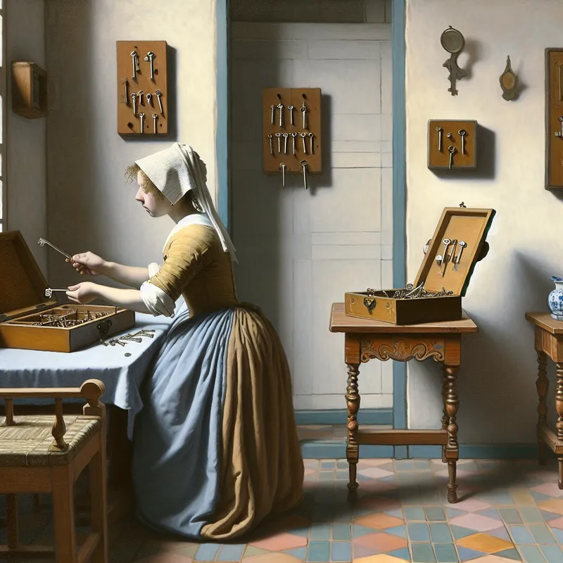 Jonge vrouw plaatst herhaaldelijk sleutels in houten doos in rustieke kamer met zacht licht, symboliserend herhaling en vergeetachtigheid