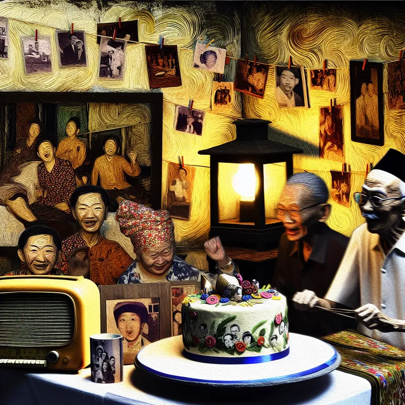 Een levendige bijeenkomst bij een feestelijke viering met een divers groep mensen, waaronder een ouder echtpaar, die verhalen delen van hun verleden.