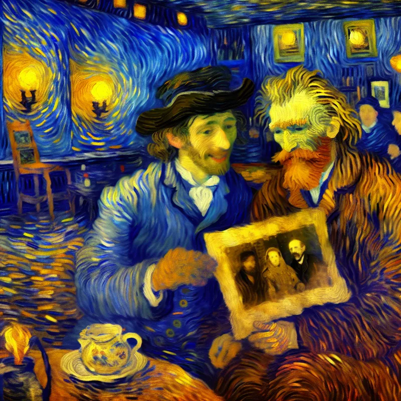 Twee vrienden in een nostalgisch Van Gogh-café, kijkend naar een oude foto terwijl ze warme herinneringen ophalen
