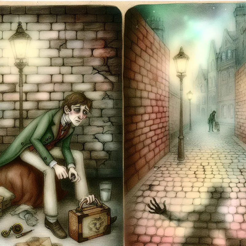 Jonge man in nood in een nostalgische steeg, symboliserend heroïneverslaving met details zoals een spuit en een tikkende zak