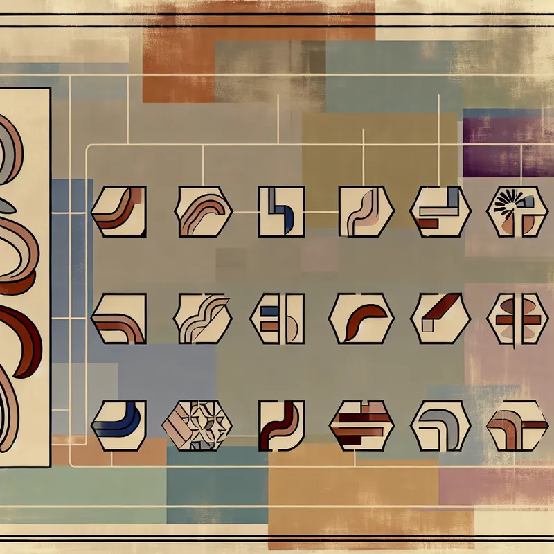 Abstracte geometrische vormen die verschillende soorten hersenletsel vertegenwoordigen in een retro-futuristische stijl.