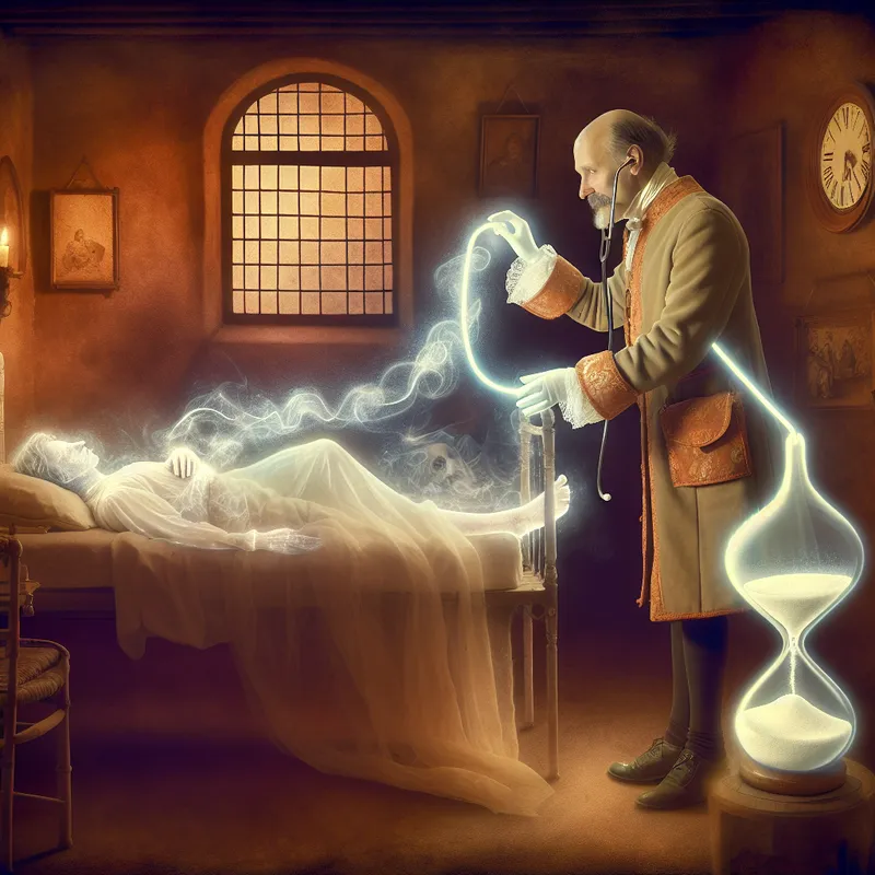 Zorgzame dokter herstelt levenskracht van fragiele patiënt in nostalgische kamer met etherische energie