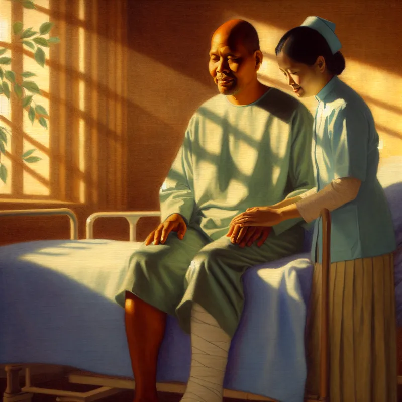 Een patiënt op een ziekenhuisbed toont dankbaarheid en opluchting terwijl een fysiotherapeut helpt bij de eerste stappen na de operatie.