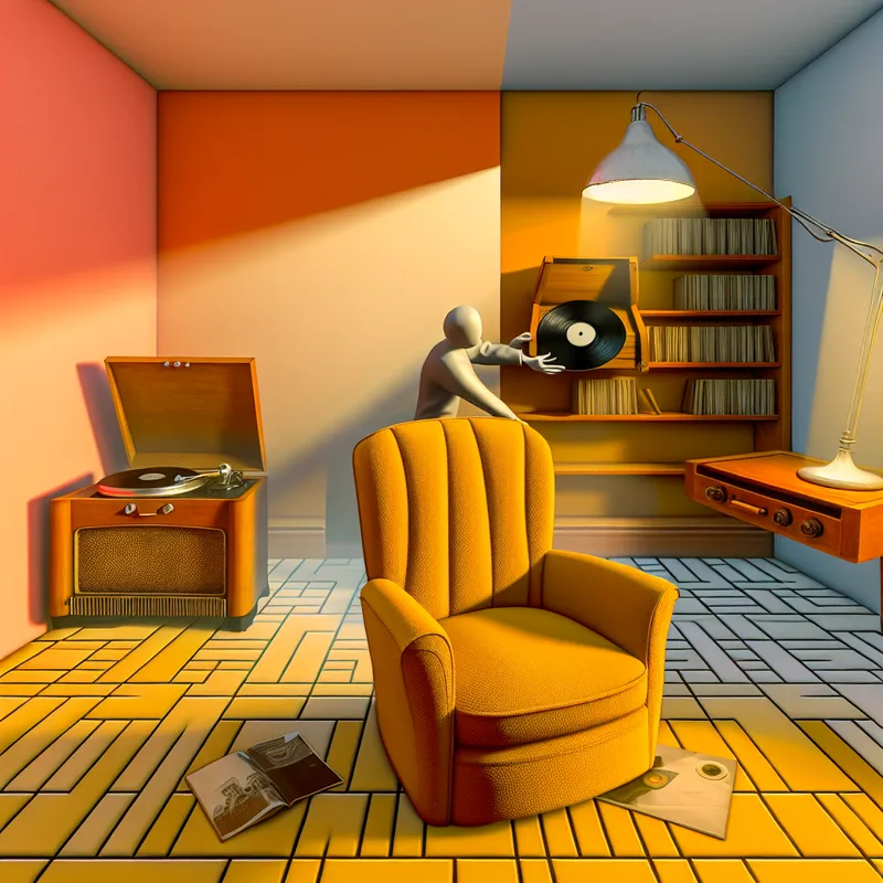 Retro-futuristische woonkamer in herstel, met vintage meubels en een platenspeler die een vinyl afspeelt, symboliserend het terugbrengen naar de oorspronkelijke staat