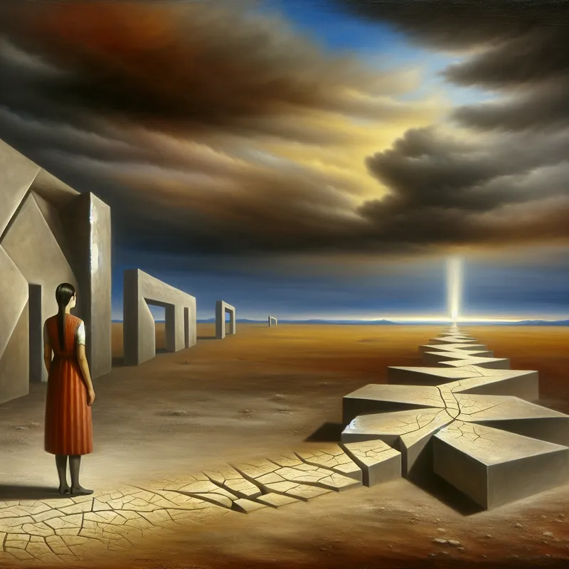 Surrealistisch schilderij van een eenzame vrouw in een desolaat landschap, symboliserend herstel van emotionele pijn en het langzaam helen van een gebroken relatie