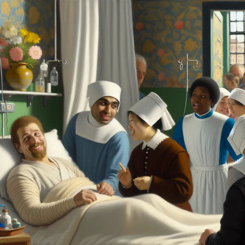 Een patiënt herstelt in bed omringd door verzorgend personeel in een ziekenhuiszaal
