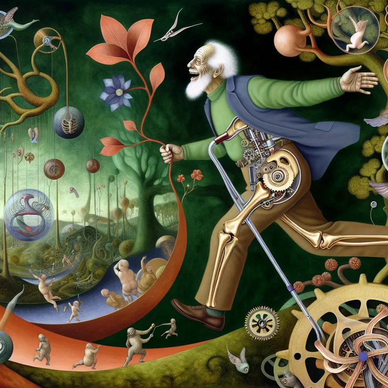 Oudere man wandelt vrolijk door een surrealistisch droomlandschap met symbolen van herstel na een heupoperatie, omringd door mechanische gewrichten en fantasiewezens