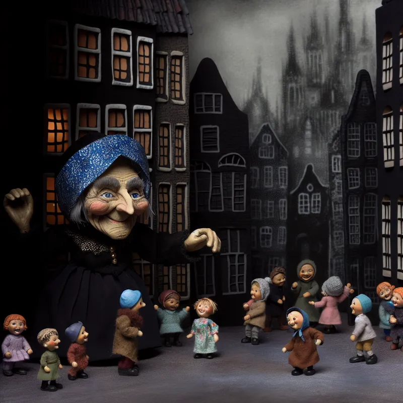 Een charmante afbeelding van 'het weduwetje', een schattige weduwe met een warme glimlach, omringd door spelende kinderen in een gezellige straat met eerbetoon aan Félicien Rops' gothic stijl.