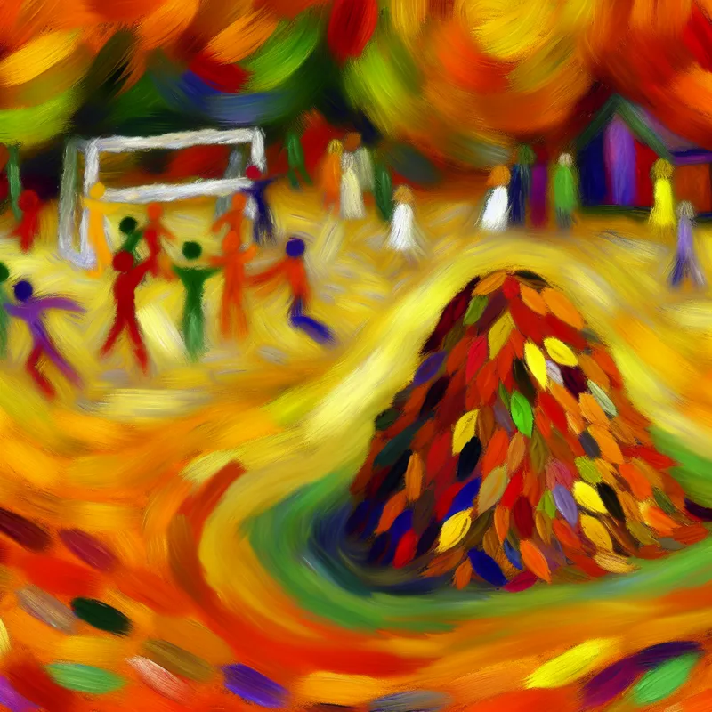 Vibrante abstracte uitdrukking van een heuveltje gemaakt van herfstbladeren in een levendig speeltuinlandschap.