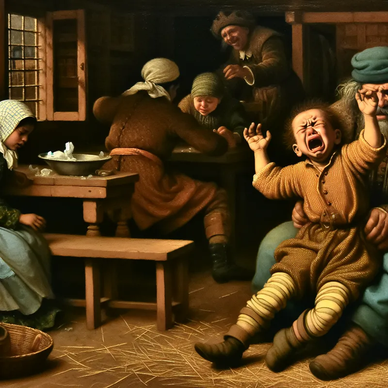Kinderlijke driftbui met hevige emoties in een chaotische binnenomgeving, geschilderd in de stijl van Jan Steen