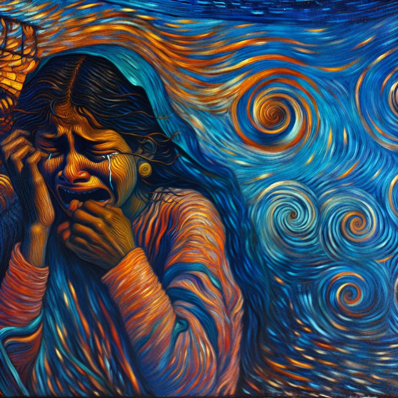 Kinderfiguur huilt hevig met intense emoties terwijl moeder wegloopt, geschilderd in Van Gogh-stijl met expressieve penseelstreken en levendige kleuren