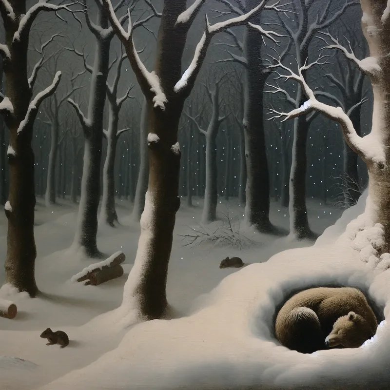 Een beer in zijn den die vredig slaapt terwijl sneeuwvlokken vallen in een winterbos.