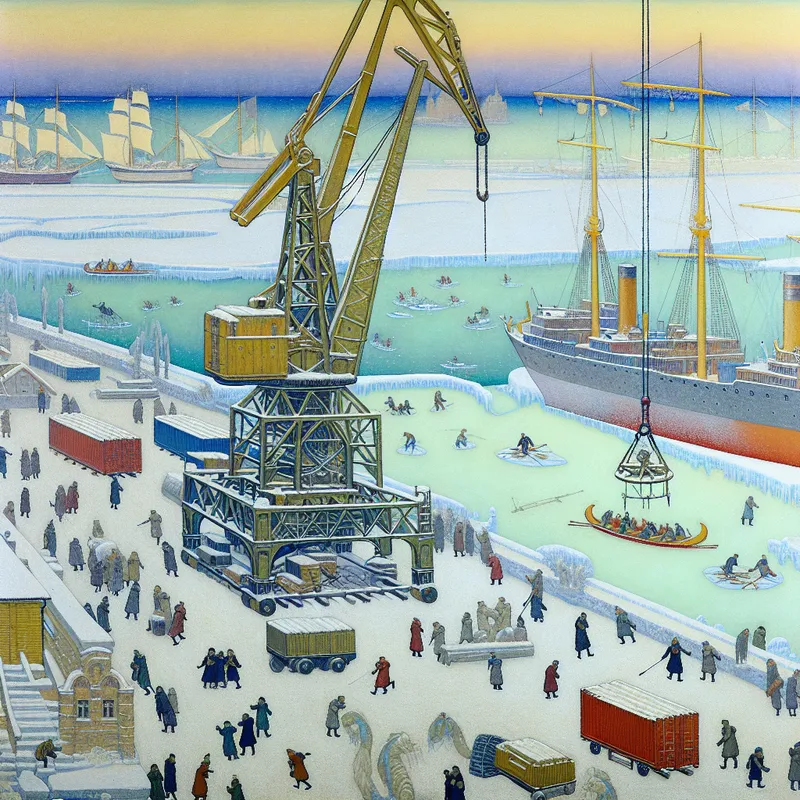 Gedetailleerde winterse havenscène met een grote hijskraan die containers op een schip tilt, geïnspireerd op Hendrick Avercamp