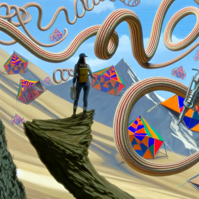 Een surrealistisch landschap met een hiker die een dunne, flexibele tochtigband gebruikt om campinguitrusting te binden, omgeven door geometrisch gevormde tenten en een ongewone, kronkelige weg in de achtergrond.