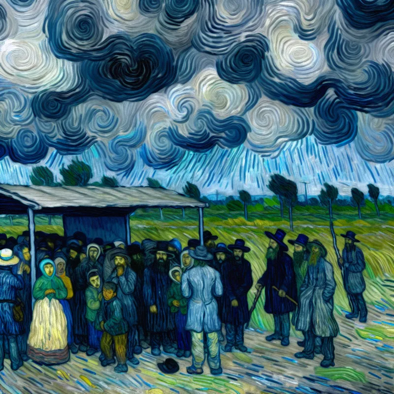 Hikers schuilen voor storm bij bushalte in Van Gogh-stijl