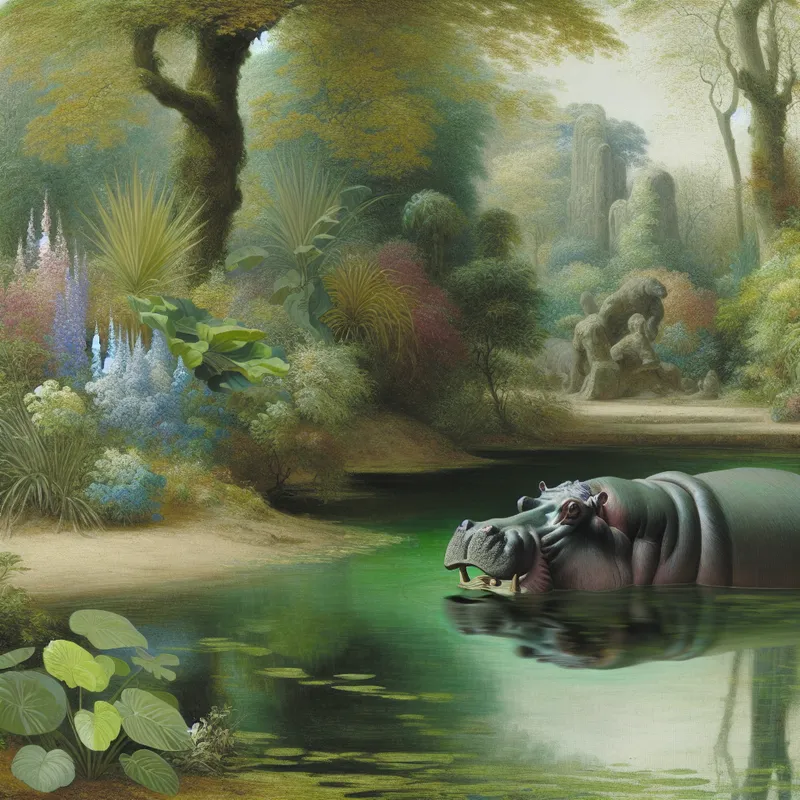 Een grote hippopotamus deels ondergedompeld in kalm water, omringd door tropische planten in een vredige dierentuin.