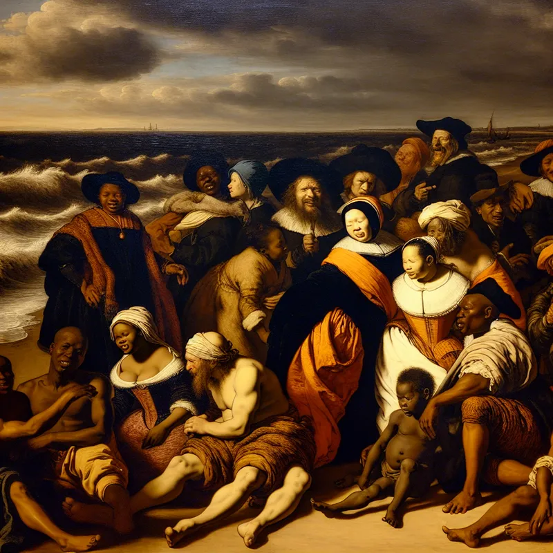 17e-eeuwse Nederlandse strandtafereel met groep mensen in historische kleding die genieten van een dagje uit aan zee, geschilderd in Rembrandt-stijl met dramatisch clair-obscur