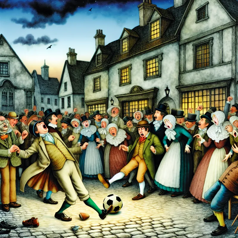 Historisch dorpsplein met mensen in vintage kleding die verontwaardiging tonen over een schandaal, met een koppel dat zich misdraagt tijdens een spel.