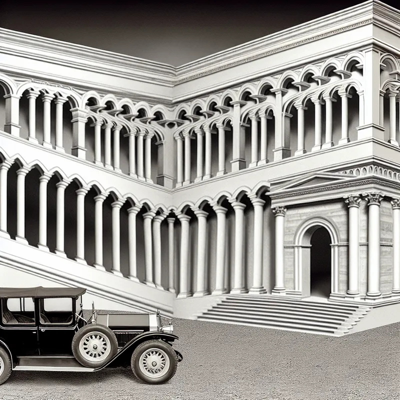 Een surrealistisch beeld van een historisch gebouw dat verschillende architecturale stijlen toont van de Romeinse tijd tot de moderne periode, met een oud voertuig op de voorgrond.