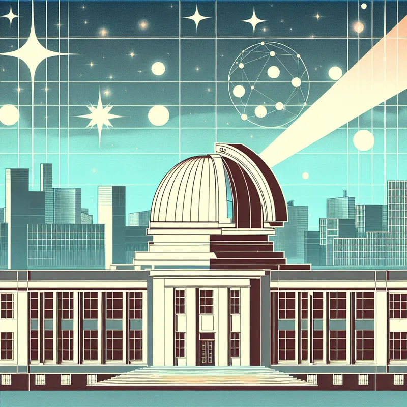 Retro-futuristische illustratie van een historisch gebouw met observatorium
