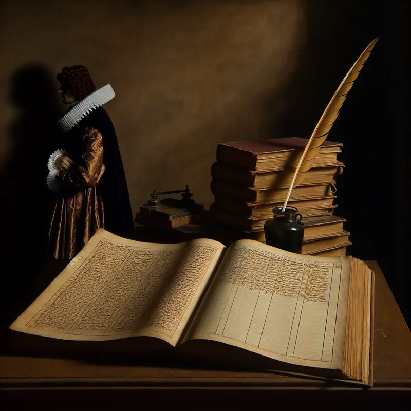 17e-eeuws studie met een figuur en bureau met open grootboek