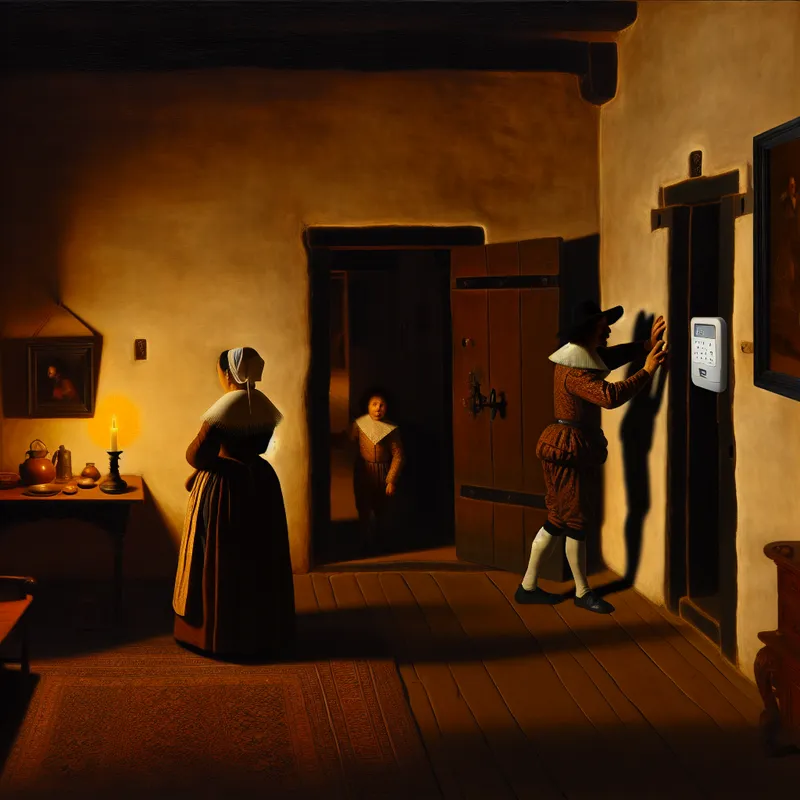 17e-eeuws Nederlands gezin activeert moderne inbraakalarm in historisch interieur met dramatische belichting