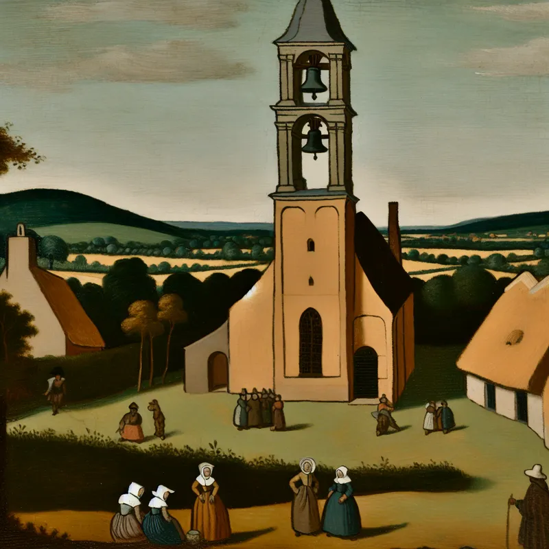 Een historisch kerkgebouw met een torenspits en een grote bel die begint te luiden. Villagers luisteren aandachtig naar het geluid van de bel terwijl zachte geluidsgolven zichtbaar zijn.