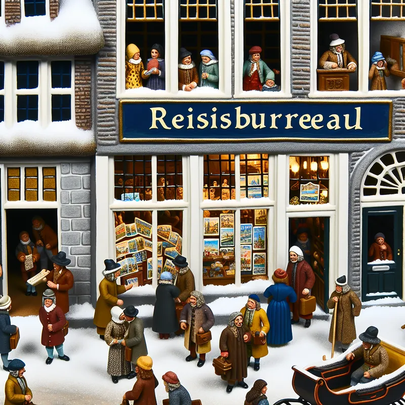 17e-eeuws reisbureau in een levendige winterse straatscene met klanten, reisaffiche en sneeuwpret in Nederlandse stijl
