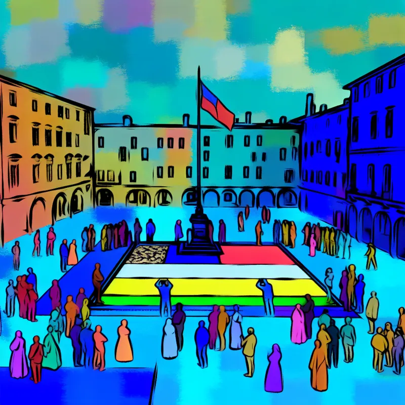 Een kleurrijke illustratie van een historisch stadsplein met een monument, waar mensen van diverse achtergronden foto's maken.