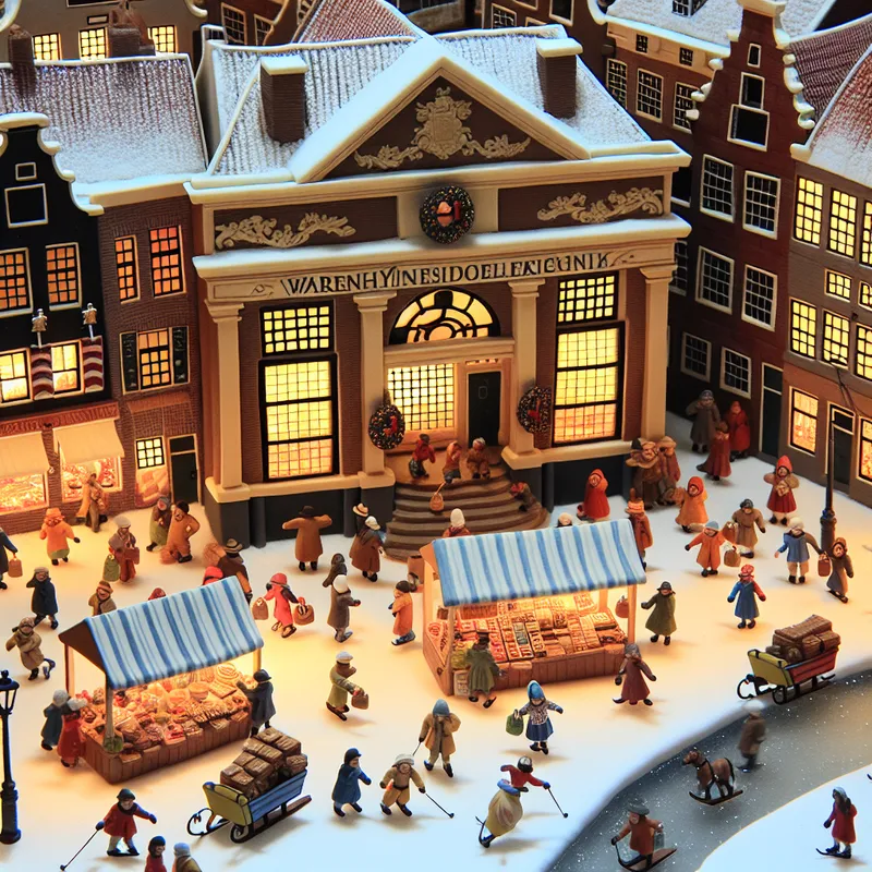 Druk 17e-eeuws wintertafereel van een levendig warenhuis in Nederlandse stijl met schaatsers, marktkraampjes en winkelend publiek