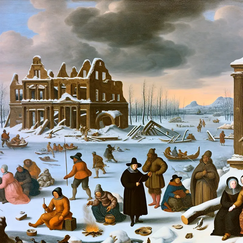 Historisch winterlandschap met een in verval zijnde beschaving, mensen die vissen op een bevroren meer en zich verzamelen rond een vuur.