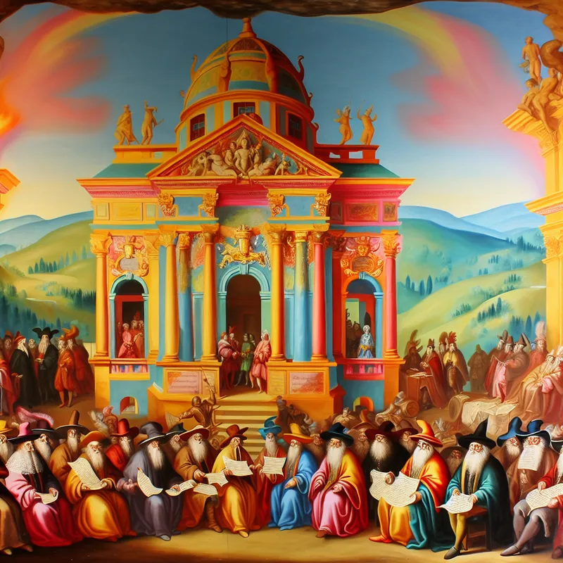 Een dramatische barokscene met een middeleeuwse balije, waarbij figuren in historische kleding over juridische documenten discussiëren.