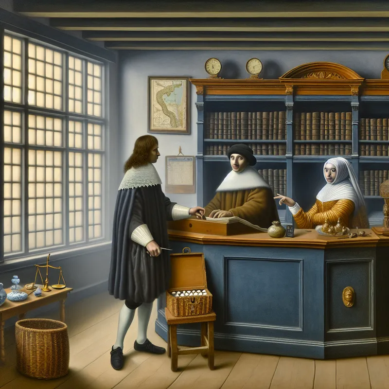 17e-eeuwse Nederlandse bank met bankier en klant die een financiële transactie bespreken bij een houten balie met munten, grootboek en ganzenveer