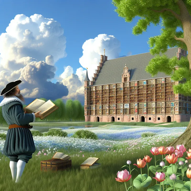 Een man in historische kleding staat voor een oude bibliotheek vol boeken, met een groene weide en bloemen om hem heen.