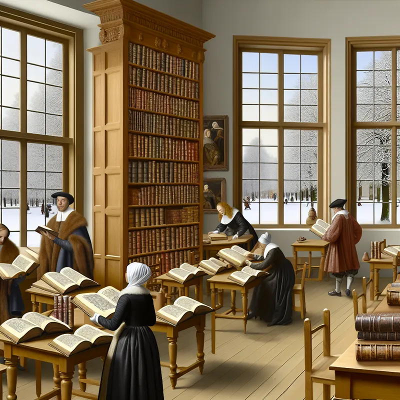 17e-eeuwse Nederlandse bibliotheek met historische boeken en mensen die lezen en discussiëren in een warme, winterse sfeer