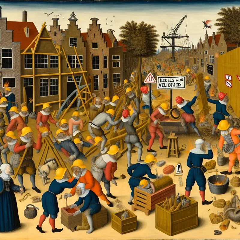 17e-eeuwse Nederlandse bouwplaats met arbeiders in historische kleding, veiligheidsmaatregelen en waarschuwingssymbolen volgens de stijl van Jan Steen