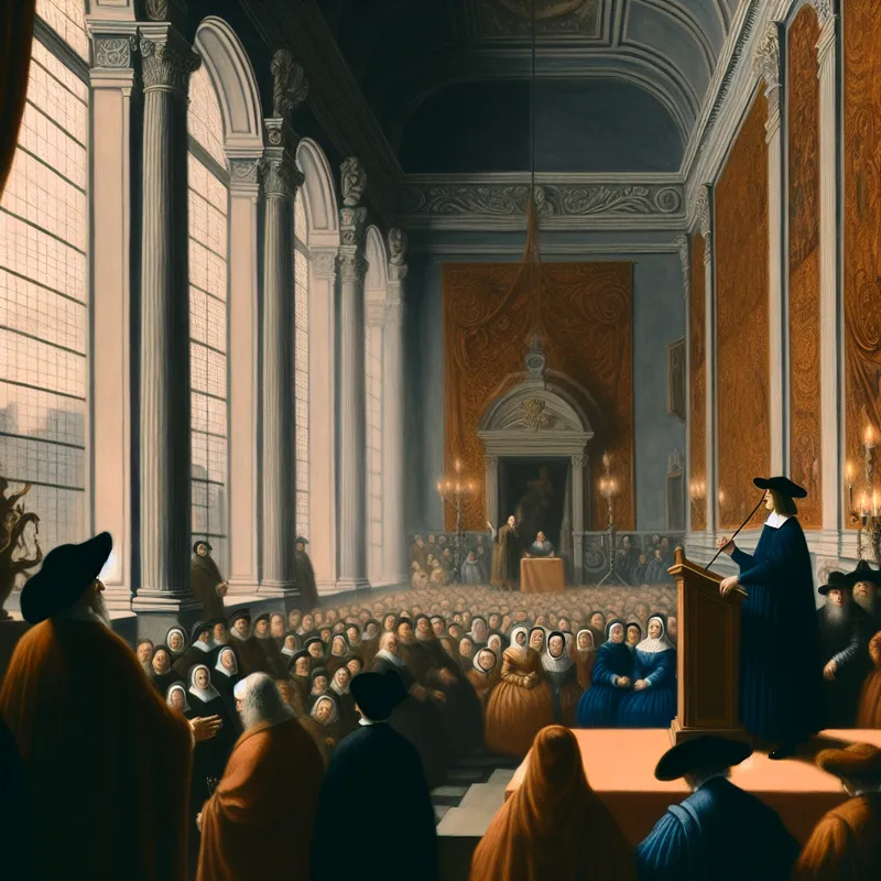 Een historische ceremonie met een nieuw gekozen doge die een toespraak houdt in een grootse hall.