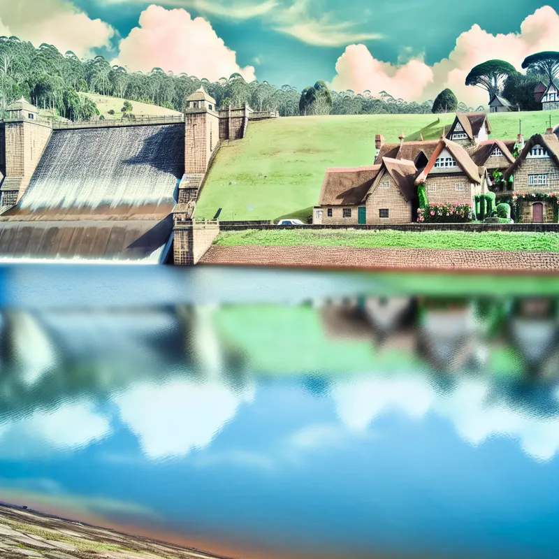 Een schilderachtig landschap met een oude dam, omringd door groene bomen en een kalm reservoir, met vintage cottages op de voorgrond.