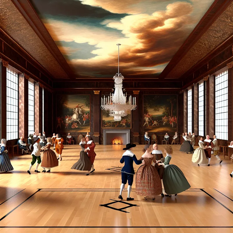 Grote, glanzende houten dansvloer in een 17e-eeuwse balzaal met elegante gasten in historische kleding, omringd door rijke decoraties en dramatisch licht