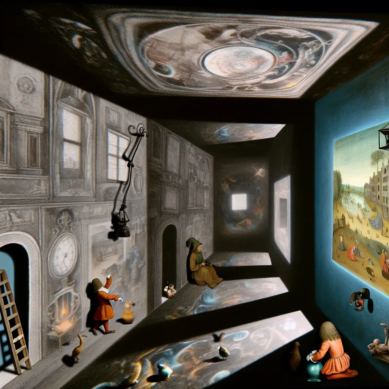 Surrealistische voorstelling van een historische donkere kamer met een omgekeerde projectie van een landschap, geïnspireerd op Hieronymus Bosch