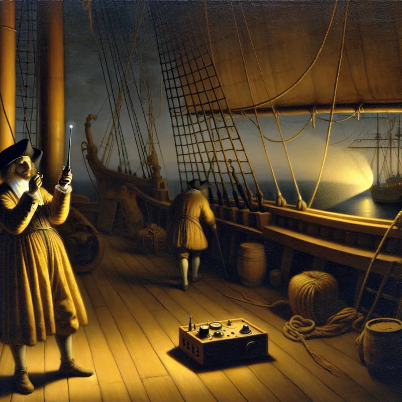 17e-eeuwse scheepskapitein met oude radiozender op houten scheepsdek bij zonsondergang, maritieme communicatietechniek