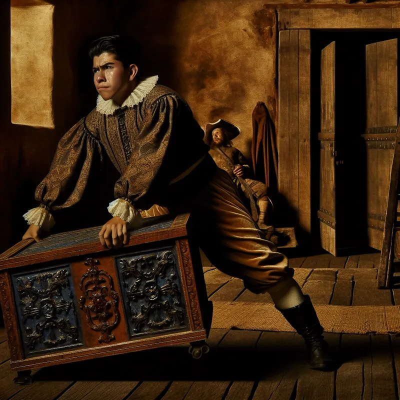 Een historische figuur bukt om een zware, versierde doos op te tillen in een sfeervolle, donker verlichte kamer