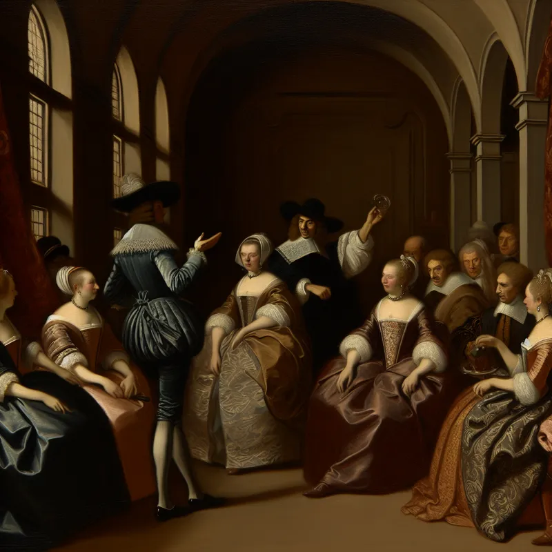 17e-eeuwse Nederlandse interieurscène met elegante groep mensen, centrale spreker zegt 'Gij allen zijt hier van harte welkom' als groepsaanspreekvorm