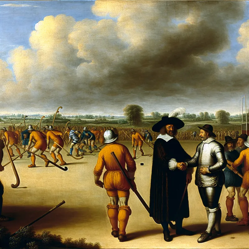 17e-eeuwse Nederlandse schilderij van een hockeywedstrijd met de aanvoerder die de scheidsrechter de hand schudt op een levendig sportveld