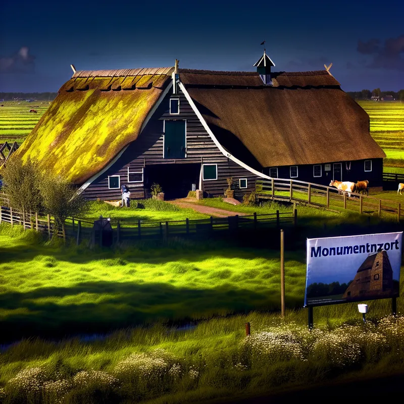 Zicht op een historische hoeve met een grote, verwerkte houten schuur, rieten dak en weelderige groene velden, in warm zonlicht.