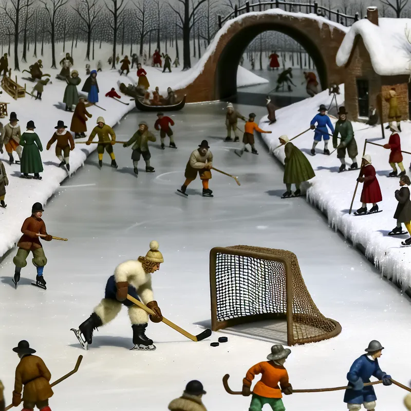 Historische ijshockeywedstrijd op bevroren kanaal met speler die puck op doel schiet, geïnspireerd op Hendrick Avercamp