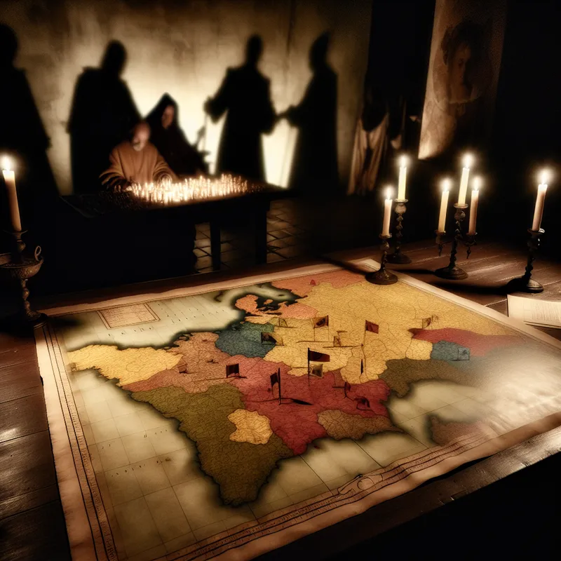 Historische kaart op een houten tafel verlicht door kaarslicht, met vlaggen en representaties van administratieve regio's.