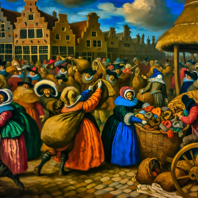 17e-eeuwse Nederlandse straatscene met vrijwilligers die warme winterjassen inzamelen voor hergebruik bij een houten kar met opschrift 'Voor Daklozen'