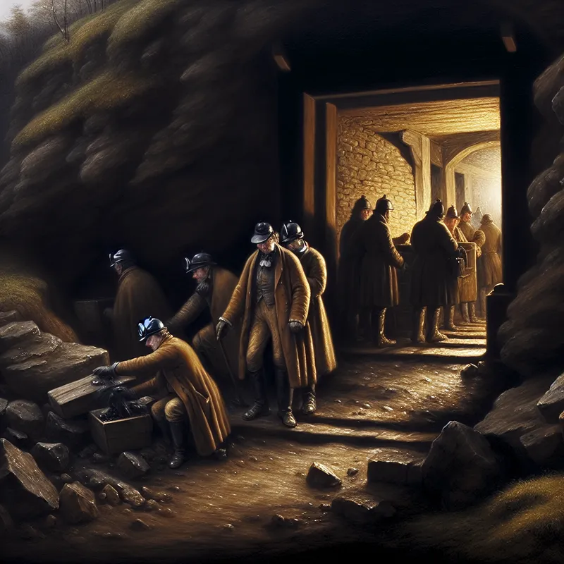 Historisch beeld van een oude ingang van een kolenmijn met mijnwerkers in traditionele kleding die bezig zijn met het delven van kolen.