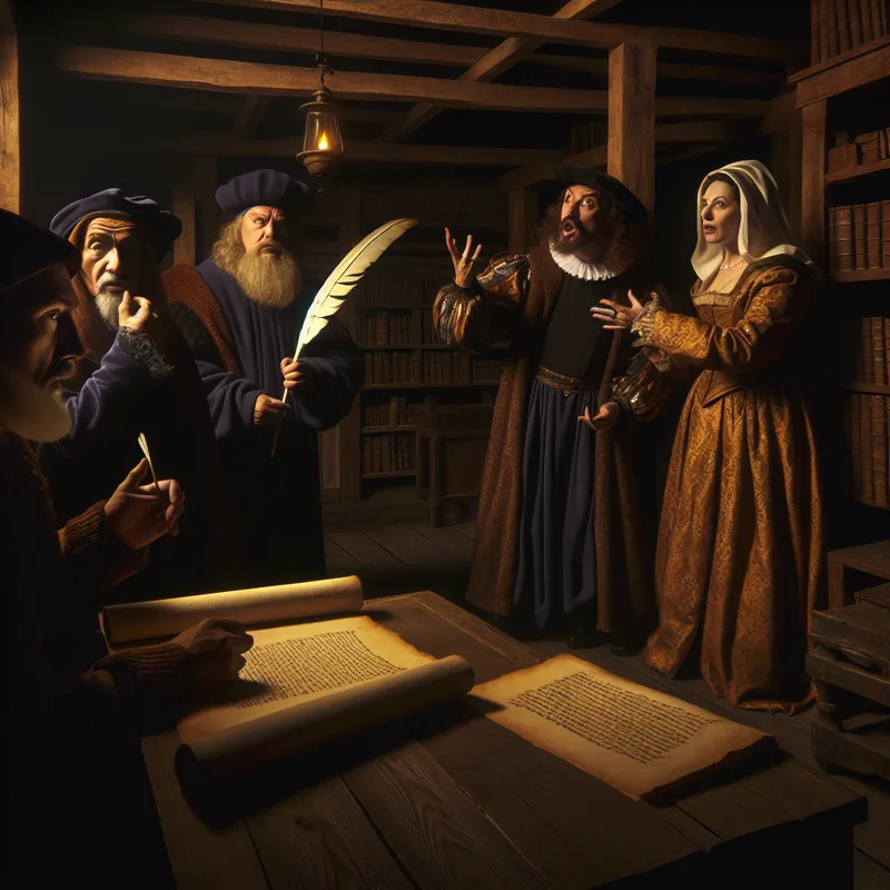 Historische literaire figuren in intense conversatie met oude manuscripten en inktpennen in een sfeervolle kamer.